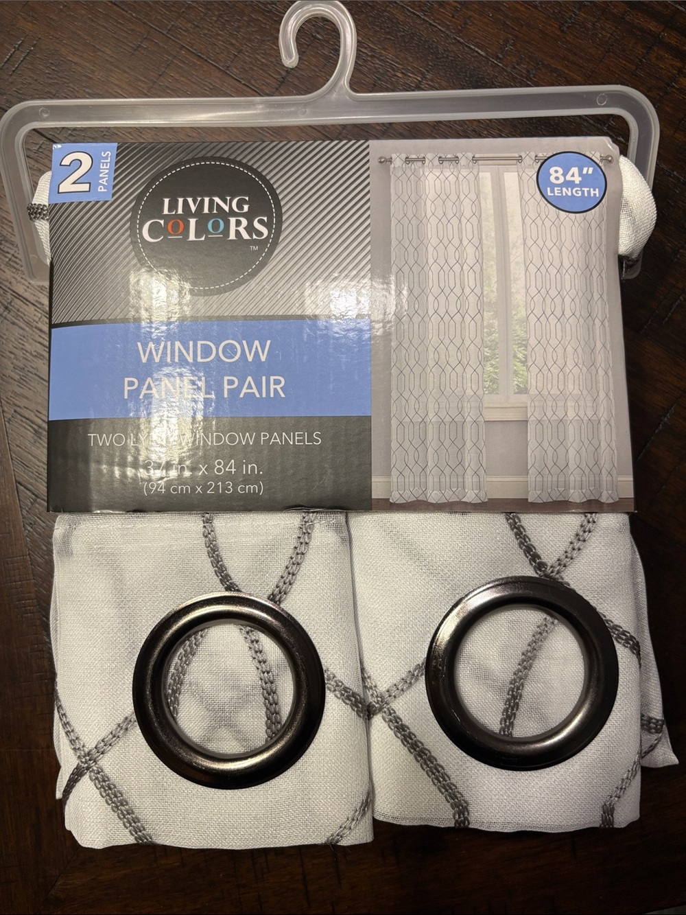 White Curtain Panel Pair with Gray Geometric Stitching